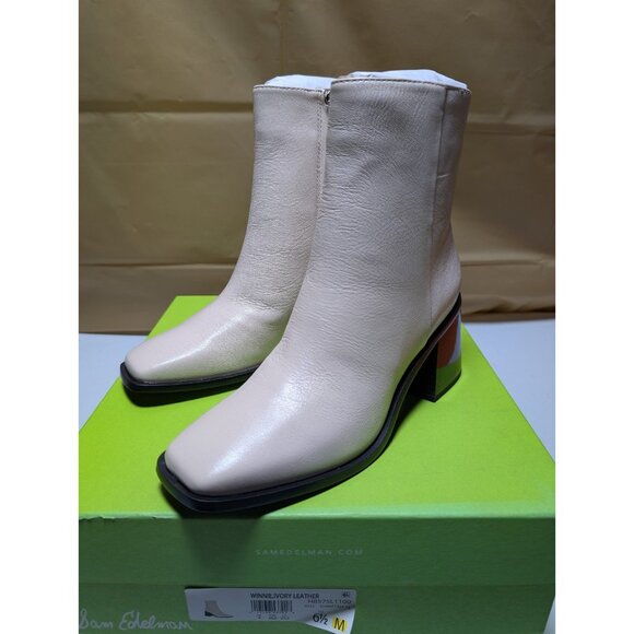 Sam Edelman Women's Winnie Block-Heel Booties Ivory Leather Size 6.5 MNew in box - Picture 2 of 8